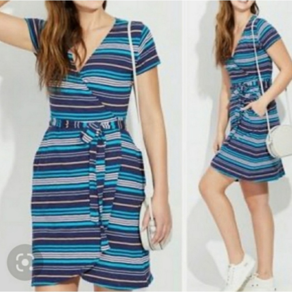 Pact Women's Resort Stripe Tulip Hem Wrap Dress Organic Cotton Size Medium Blue